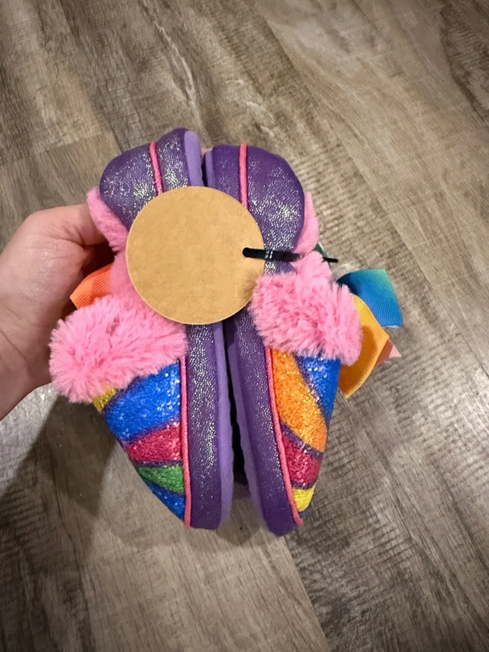 Lightly worn Kids Rainbow Glitter Slippers with Pom & Bowsize 9-10